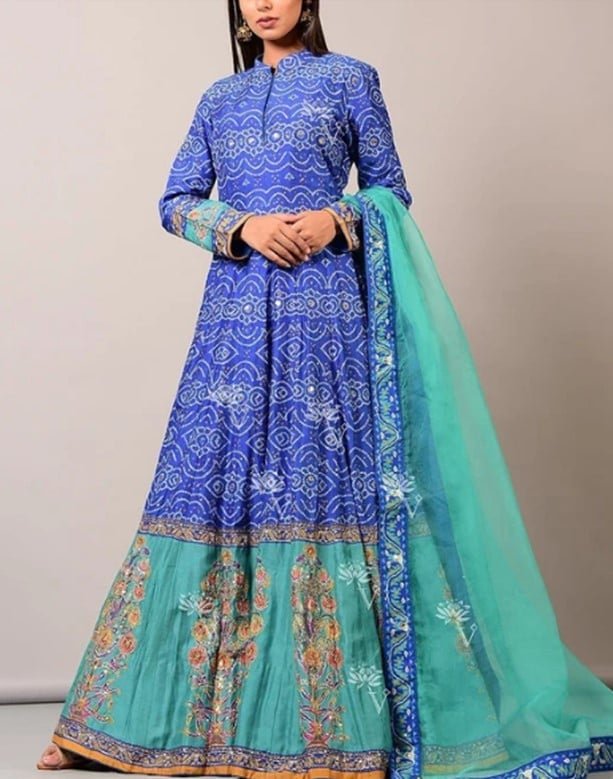 Blue Bandhani Silk Anarkali Gown 