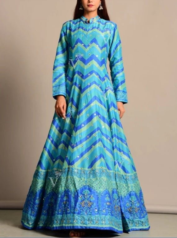 Blue Vasansi Silk Leheriya Anarkali Gown