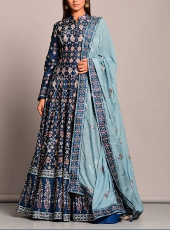 Pigeon Blue Silk Printed Anarkali Gown 
