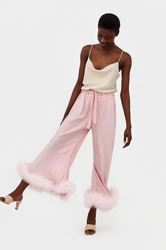 boudoir pants with feathers in pink