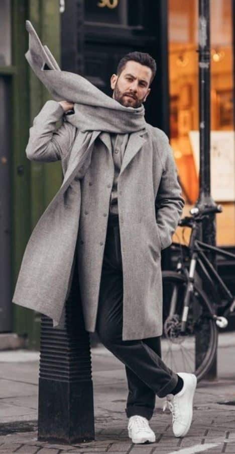 Grey trousers with the grey wool overcoat and also the grey scarf