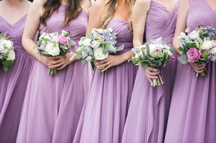 Long lilac satin bridesmaid dresses