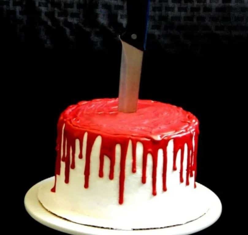 Themed cakes with blood-red icing