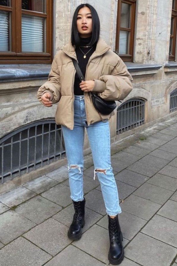 Puffer Jacket and Ripped Jeans