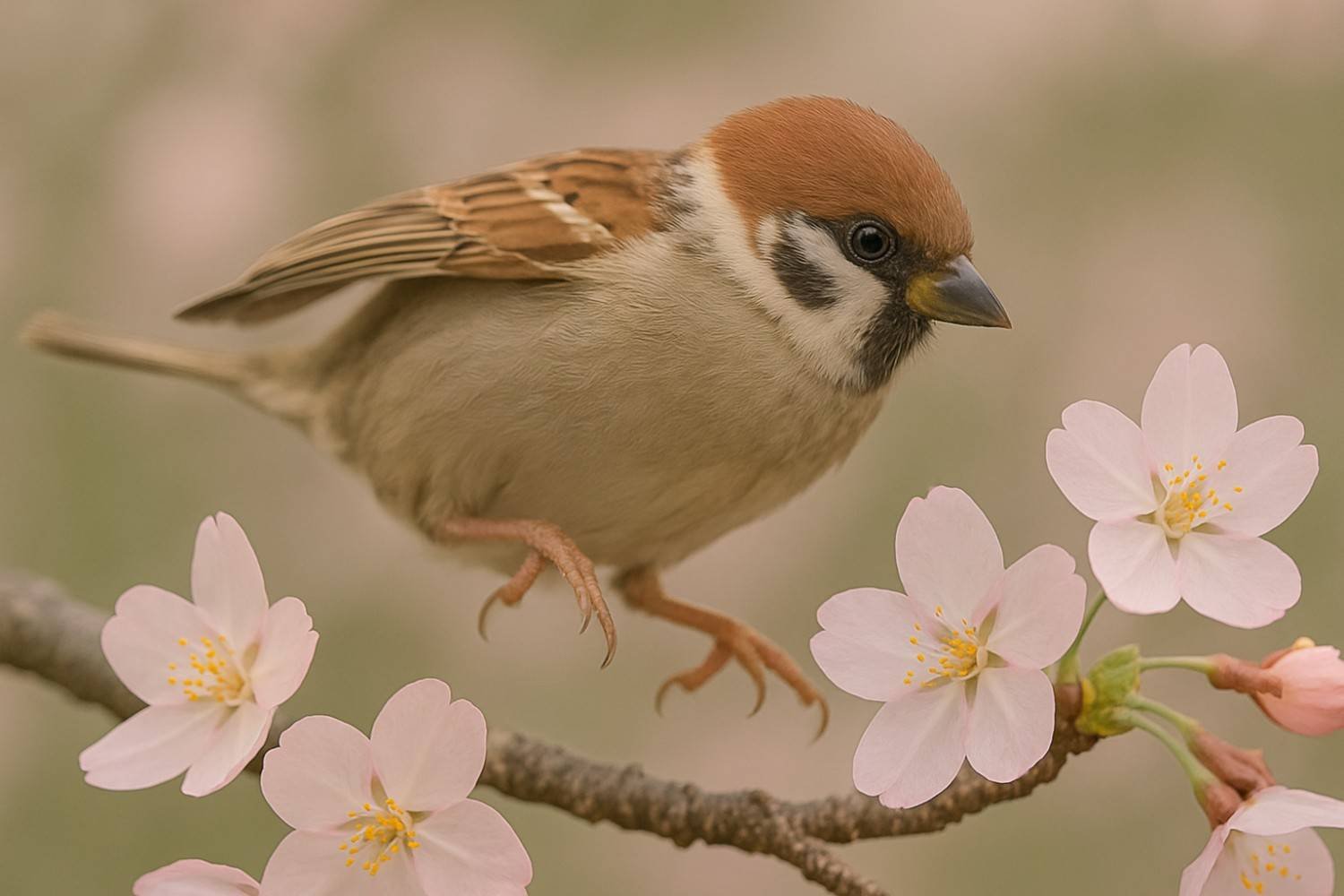 A sparrow mid hop between two blossoms