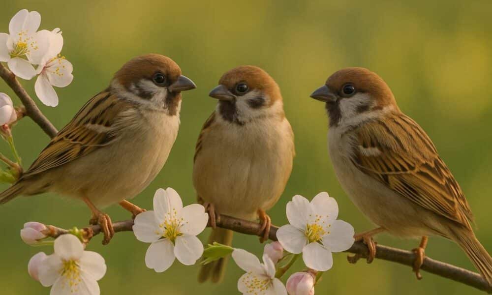 Sparrows on a Branch During Spring Bloom