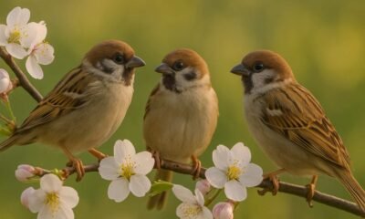 Sparrows on a Branch During Spring Bloom