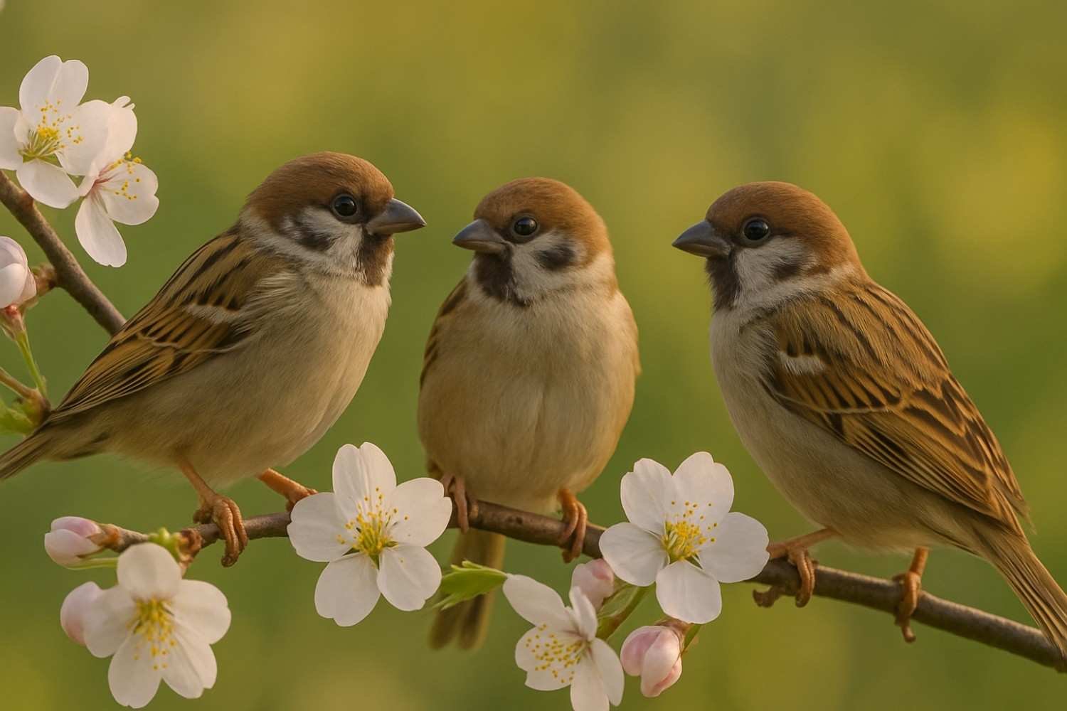 Sparrows on a Branch During Spring Bloom