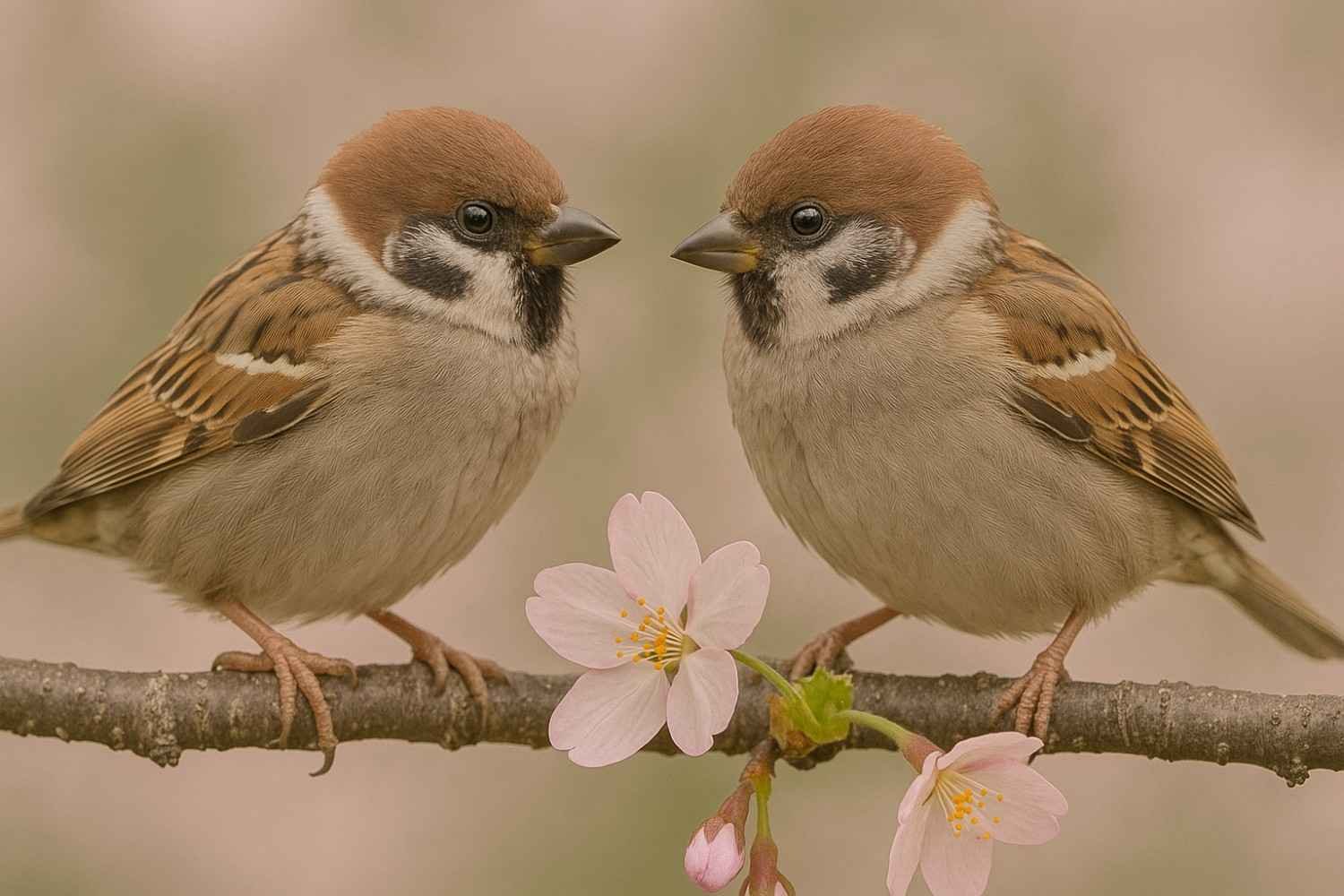 Two sparrows facing each other on the same branch