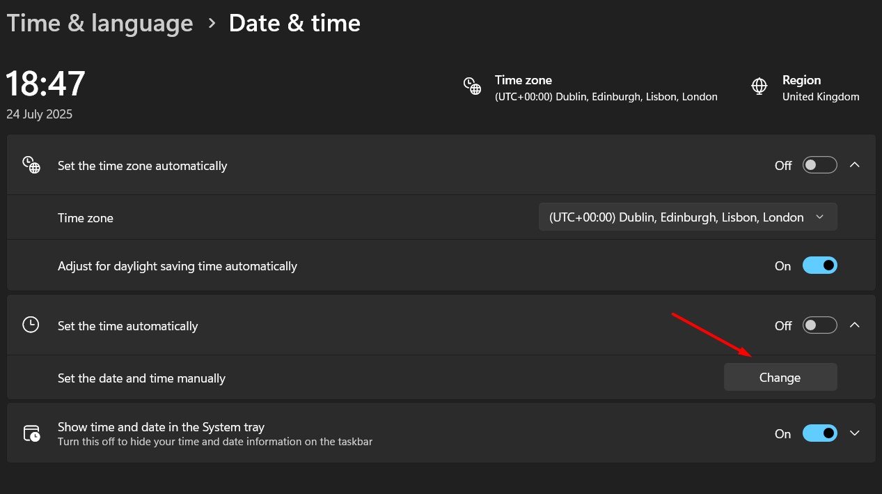 click change in time & language settings
