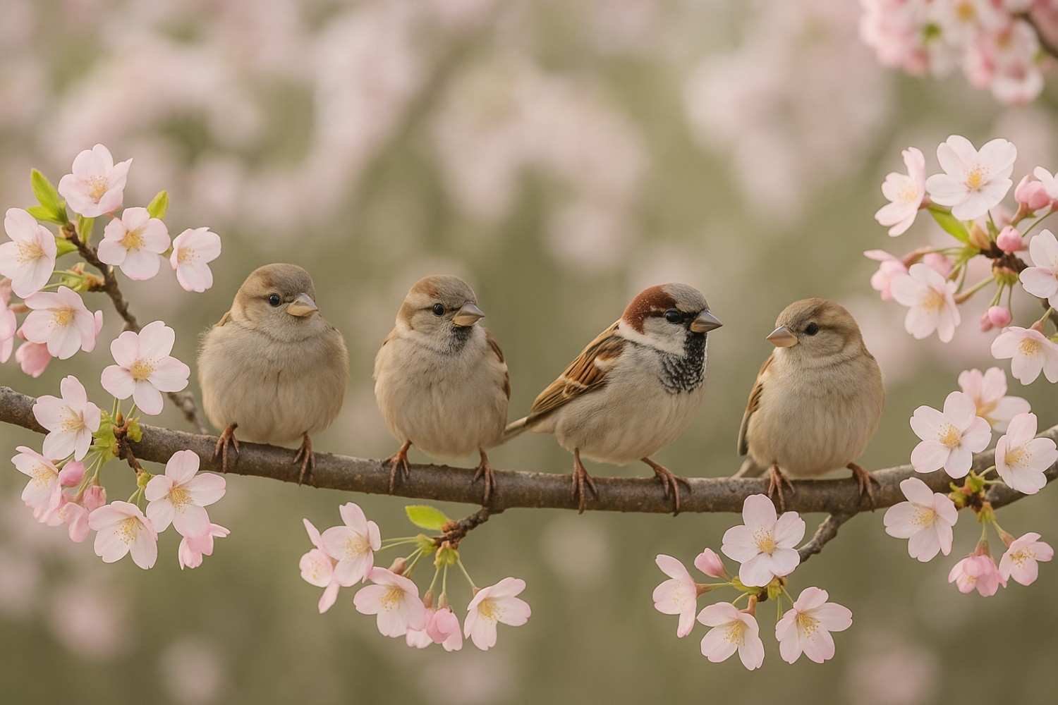 several sparrows perched on a branch