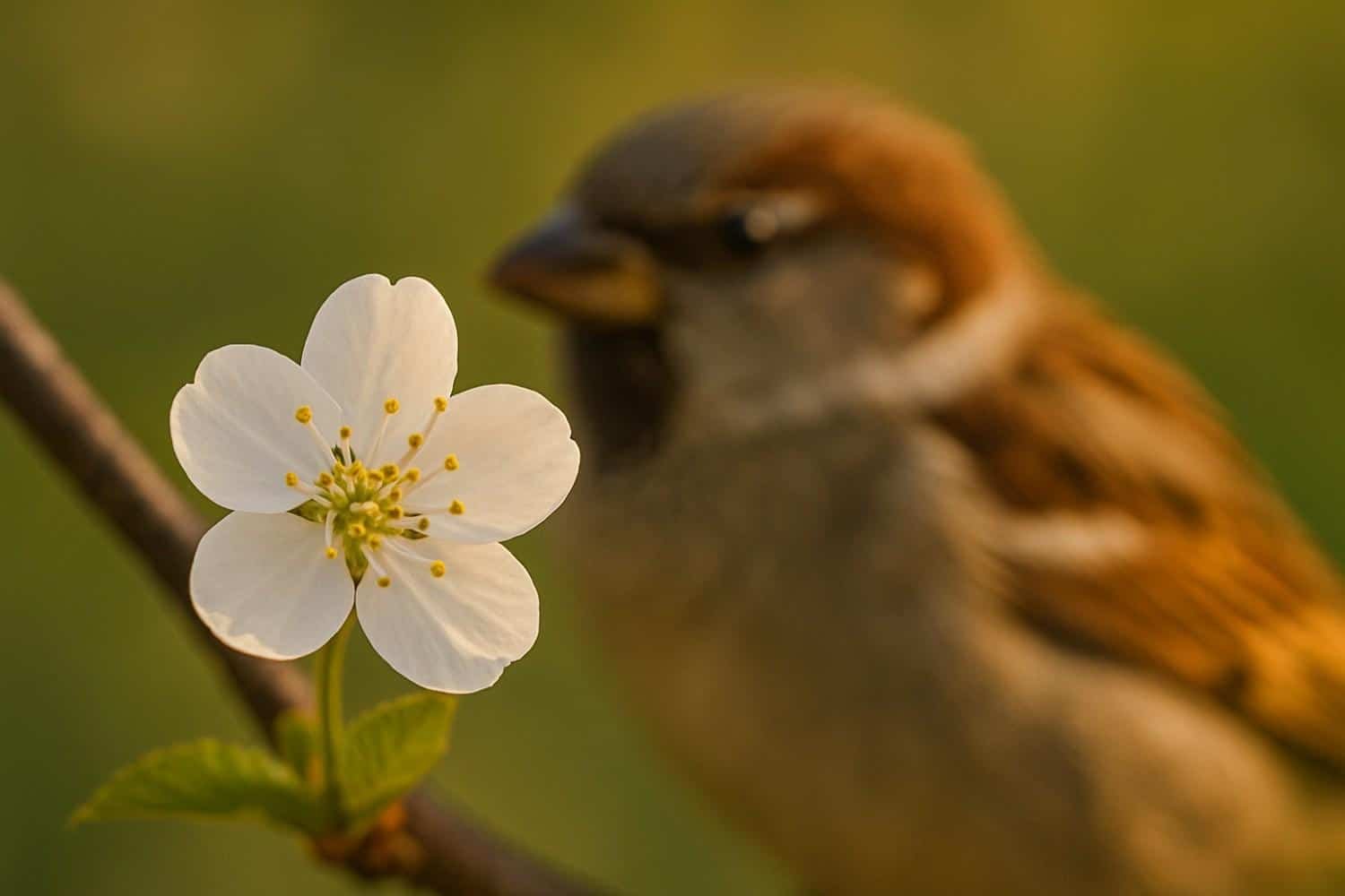 single flower with a sparrow