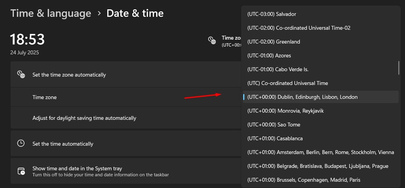 time and zone drop down menu