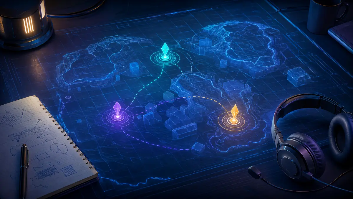 Tactical map planning setup with abstract position markers and a gaming headset