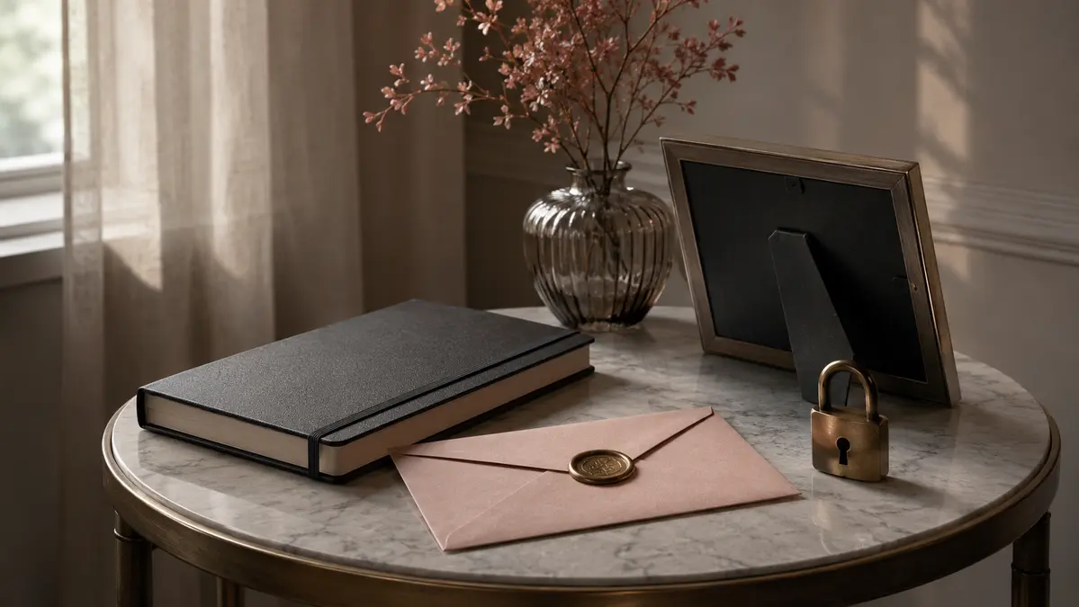 Closed journal and sealed envelope in soft window light representing personal privacy