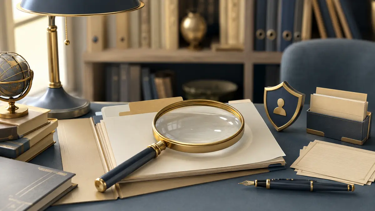 Magnifying glass over archive documents in a calm workspace for biography source checking
