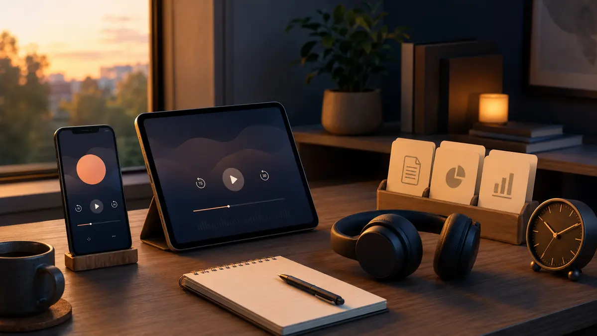 Smartphone and tablet prepared for focused podcast listening with headphones and reference cards