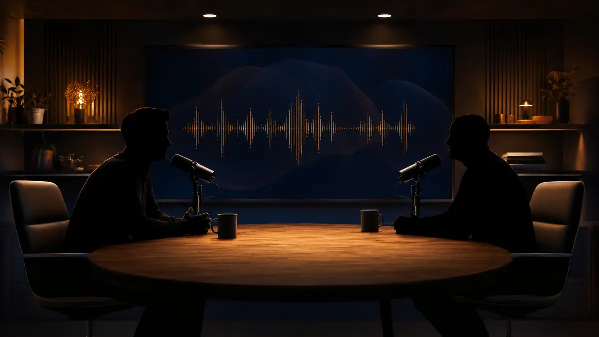 Two anonymous speakers recording a long-form interview in a professional podcast studio