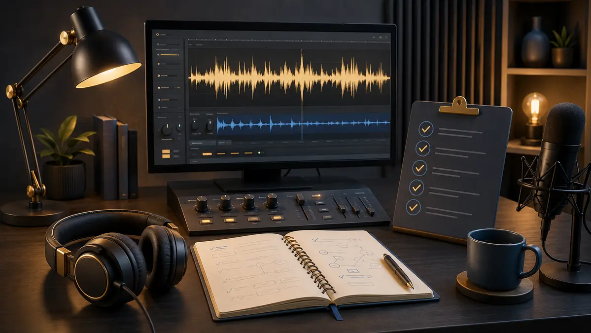 Studio headphones beside an abstract audio display and a source-checking workspace