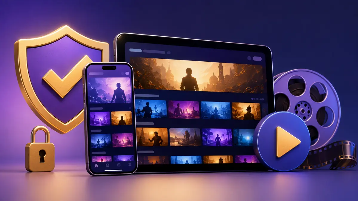 Smartphone and tablet showing a licensed film library with a verification shield