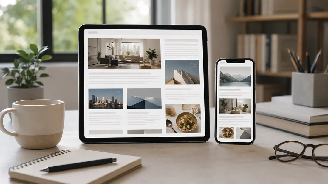 Tablet and smartphone displaying generic responsive magazine article layouts on a desk