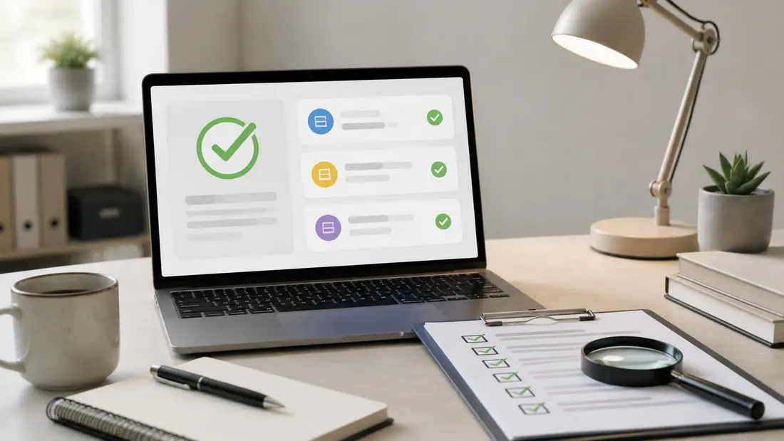 Laptop and printed checklist arranged for checking online information sources