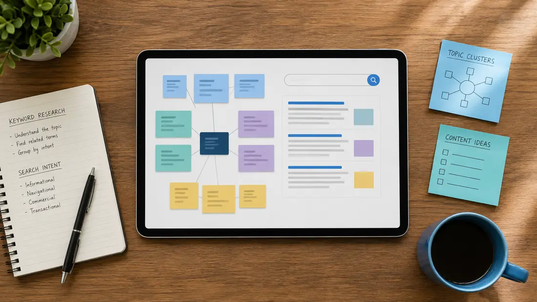 Tablet displaying an abstract keyword-cluster and search-intent planning board on a desk