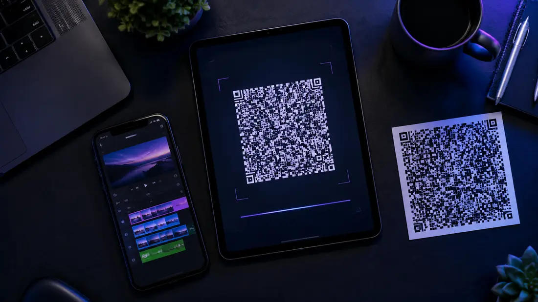 Phone and tablet showing generic video editing timeline and abstract QR preset patterns