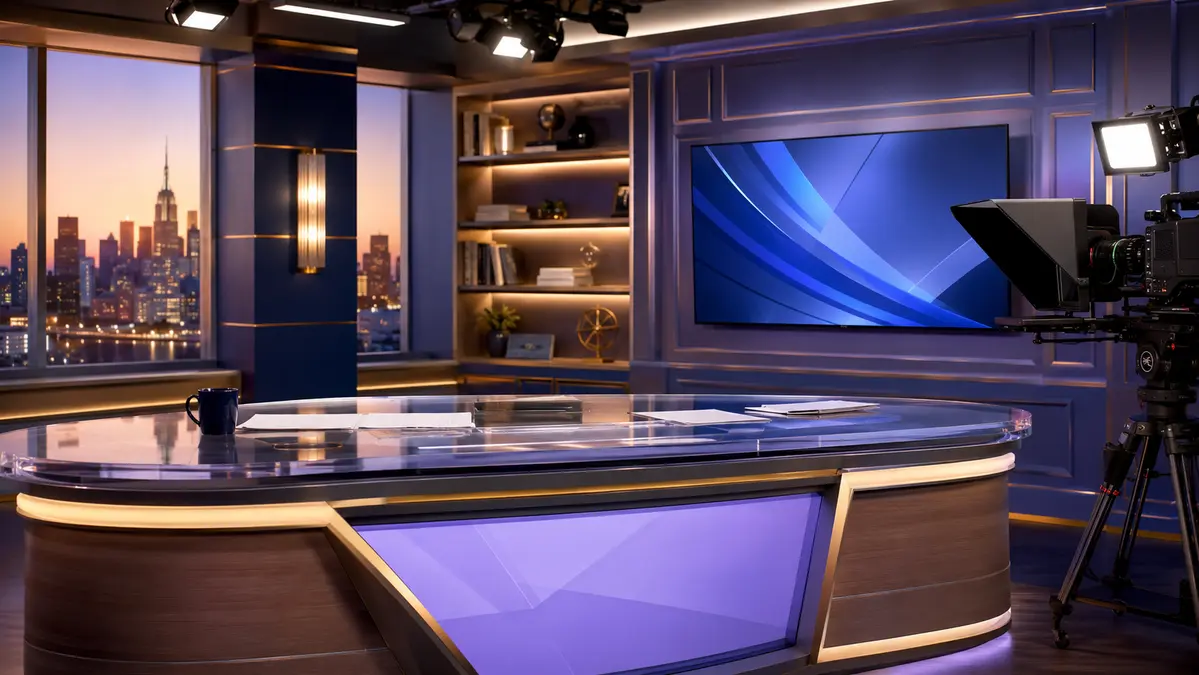 Modern morning news studio with a generic empty anchor desk and broadcast lights
