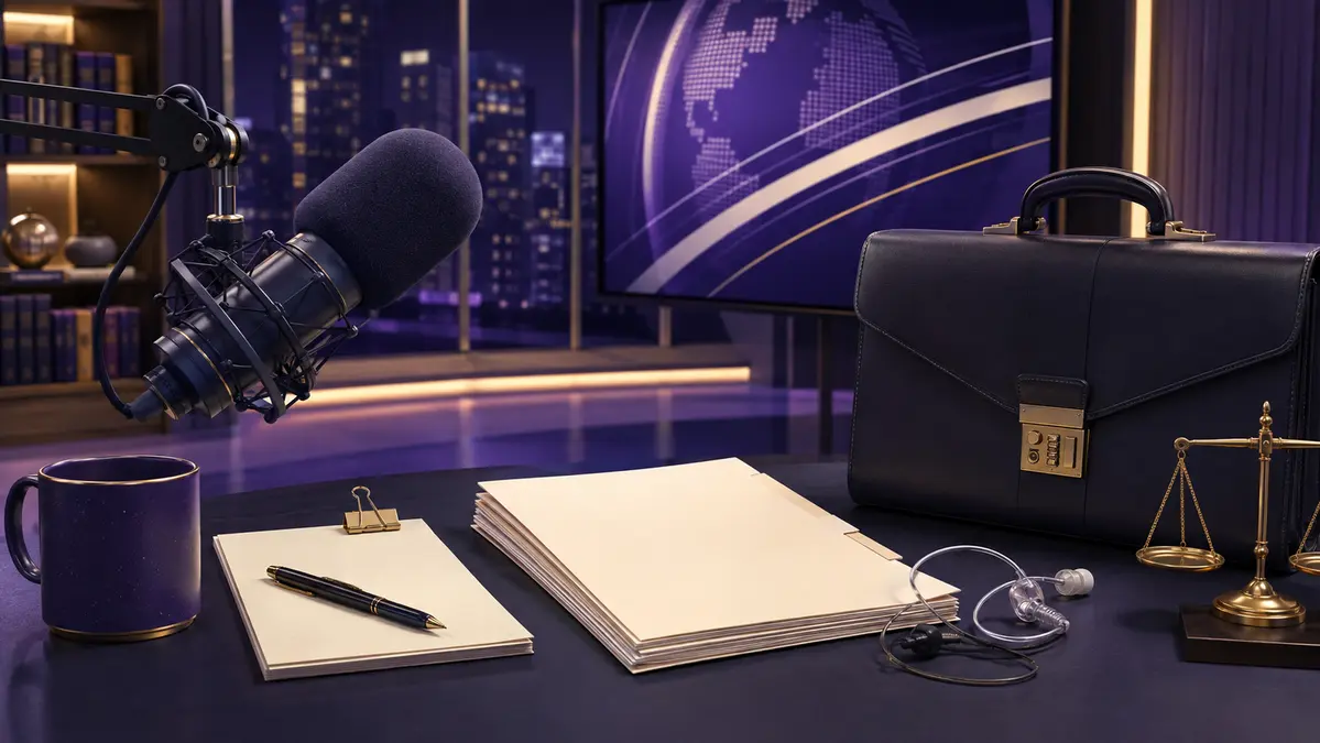 Broadcast microphone and legal research materials in a professional journalism workspace