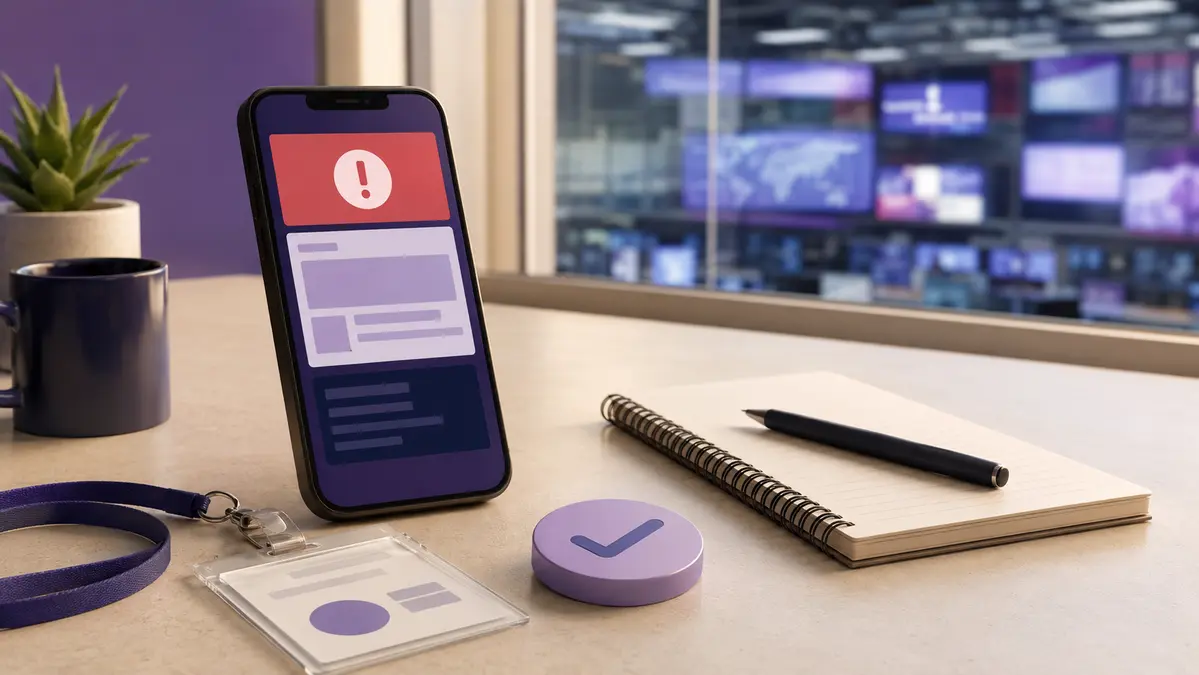 Smartphone and notebook set up for checking breaking-news information in a newsroom setting