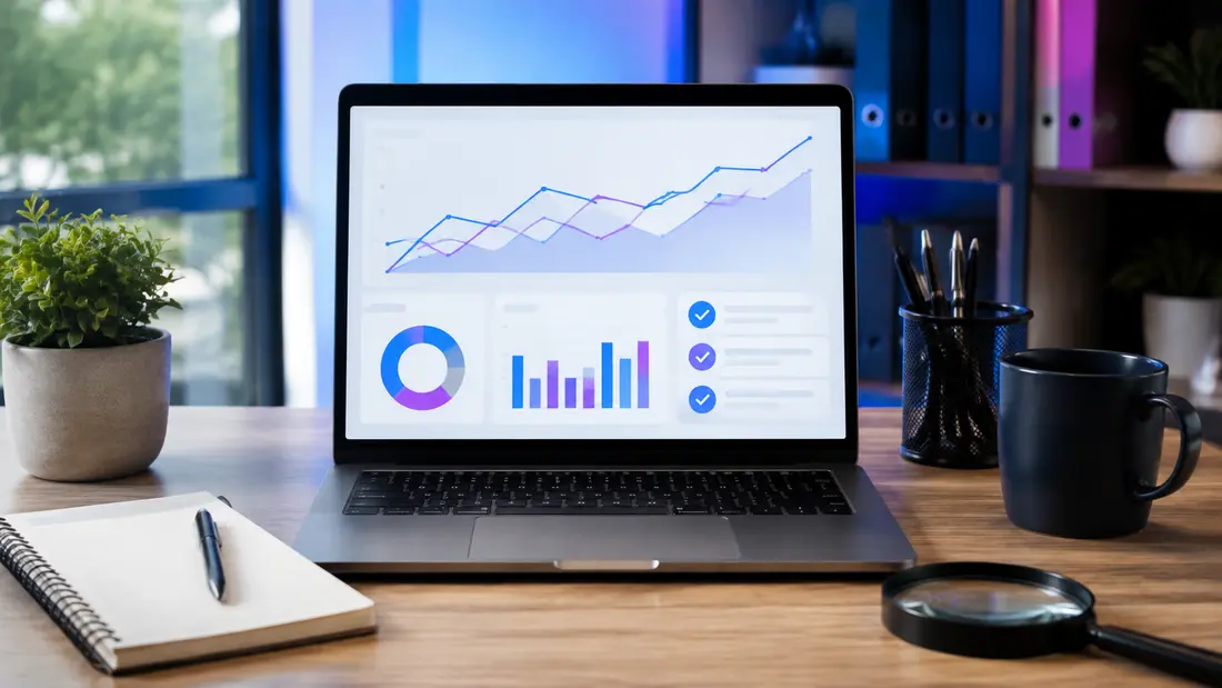 Laptop displaying abstract search performance charts and content optimisation checks on a desk