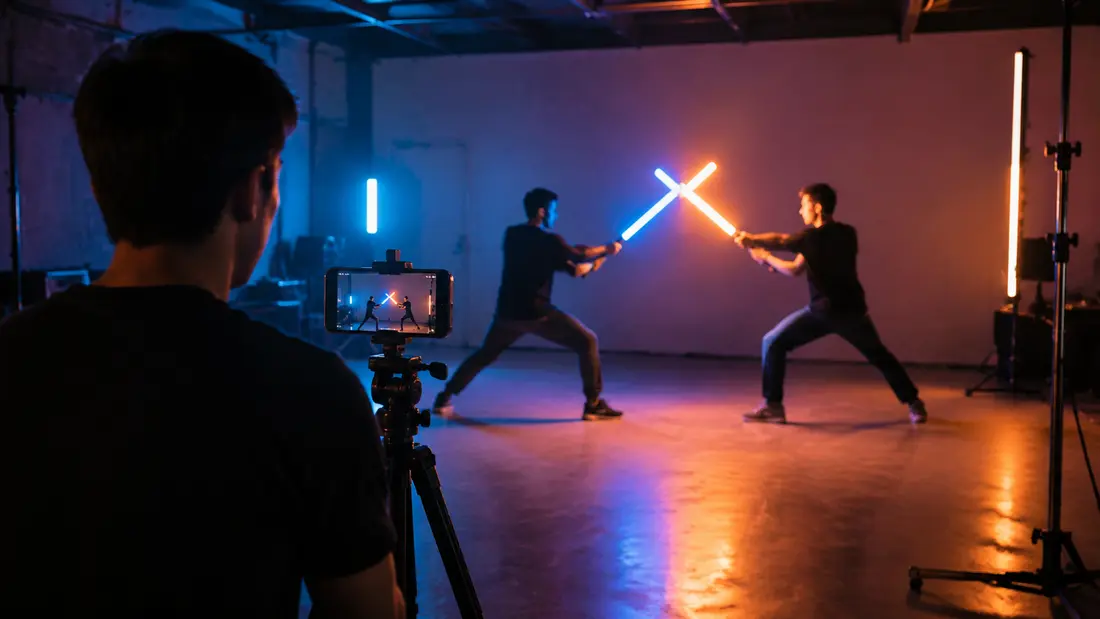 Creator recording a science-fiction style action scene with a smartphone on a tripod