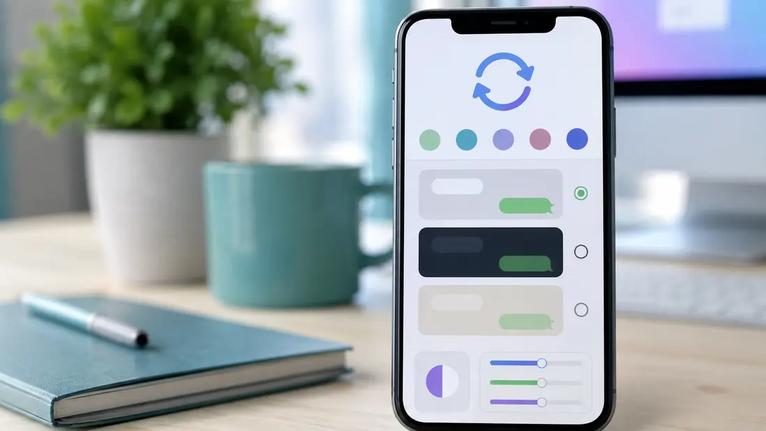Generic smartphone showing colourful chat appearance settings and update controls