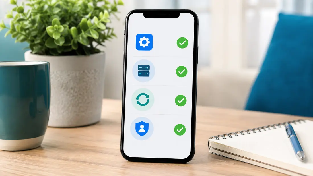 Generic smartphone showing a mobile app troubleshooting checklist with update and security icons