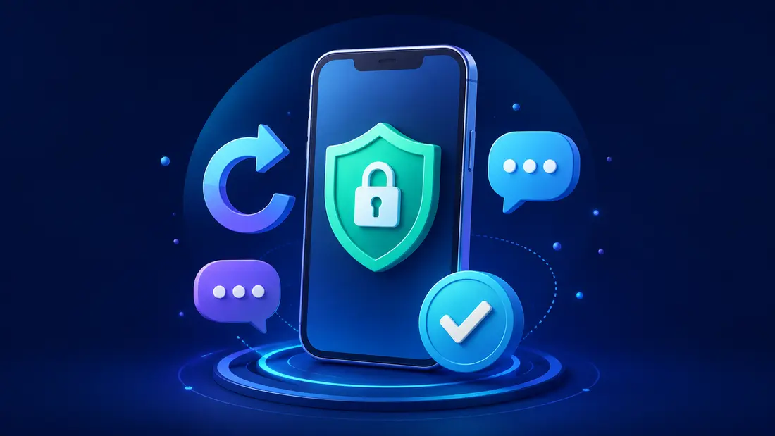 Generic phone with security shield, update arrow, chat symbols, and verification checkmark