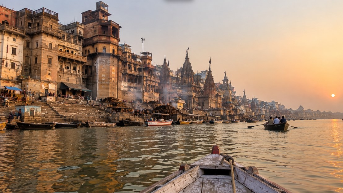 Boat view of the ghats of Varanasi from the River Ganga